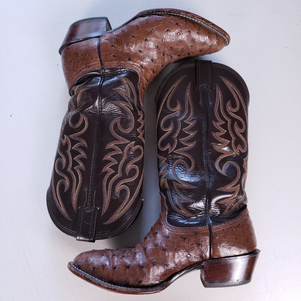 Larry Mahan Ostrich Cowboy Boots Brown Exotic Western Leather Men's 7.5E VTG